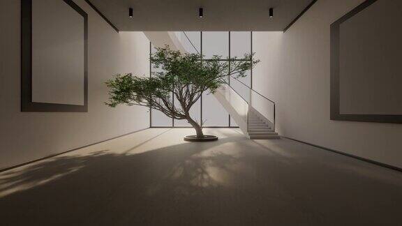 3D模型现代室内设计与一棵树相机飞越它从顶部到一楼