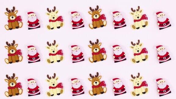 圣诞驯鹿和圣诞老人填充和移动白色的主题停止运动