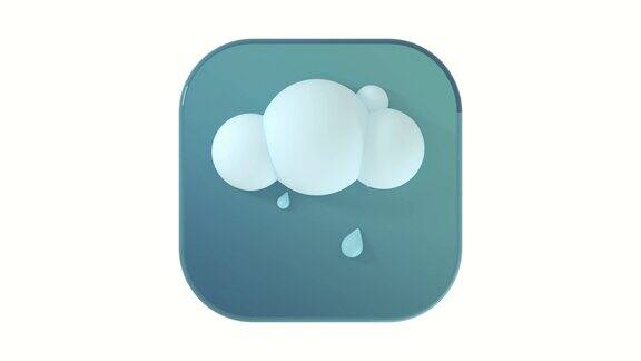 3D雨云图标雨滴在白色背景上的灰色按钮上平滑的4K动画周期
