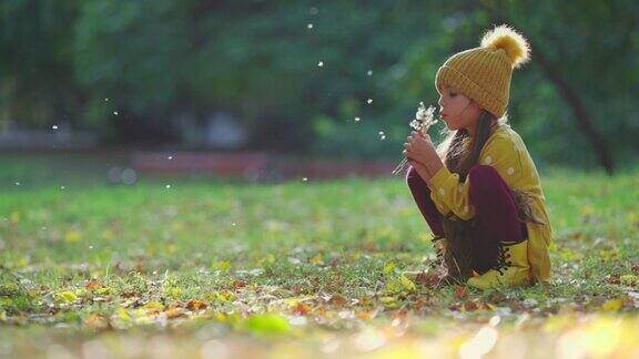 可爱的小女孩在公园里吹蒲公英花愿望梦想玩耍时间和家人一起在户外玩耍