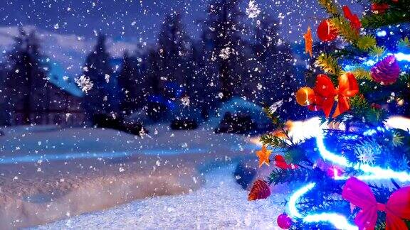 室外装饰圣诞树在雪夜近