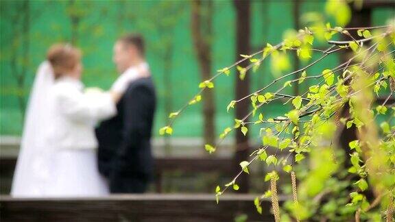 新娘和新郎在户外向摄影师摆姿势