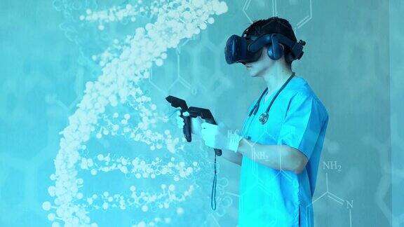 医生戴VR眼镜3DDNA全息图AR技术医疗研究未来数字技术的未来背景