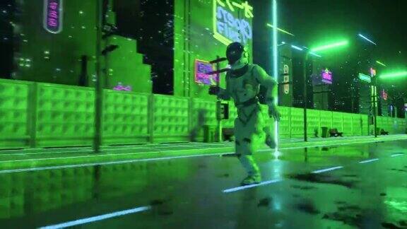 一名宇航员在霓虹灯闪烁的城市里奔跑80年代的背景复古的风格未来3D动画无缝循环