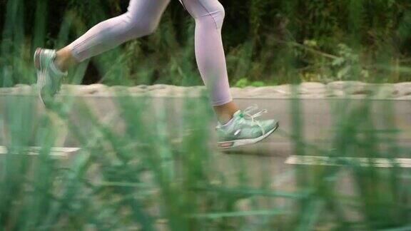 女人的脚在公园的路上奔跑