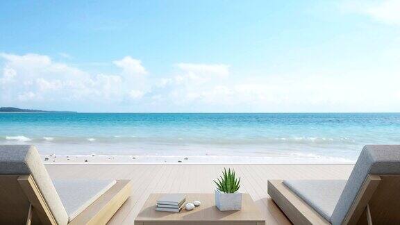 海景平台和床在现代豪华海滩别墅与蓝天背景躺椅在木制甲板上度假的家或酒店