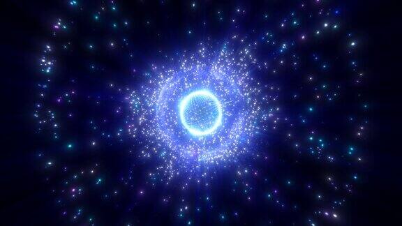 抽象圆形蓝色球体发光的能量魔法分子与原子从粒子和点宇宙在黑色背景抽象的背景视频在高质量的4k运动设计