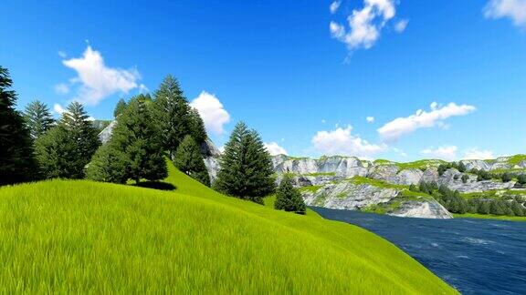 绿色的山与森林和草坪3D渲染