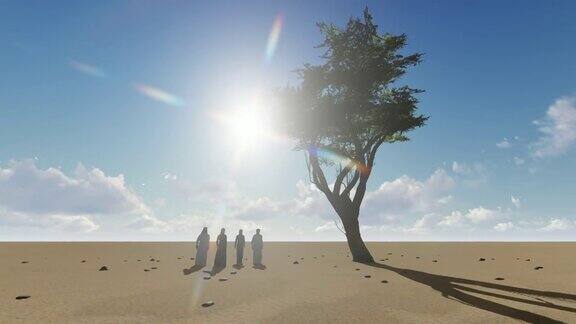 2对阿拉伯夫妇接近沙漠中的一棵树3D