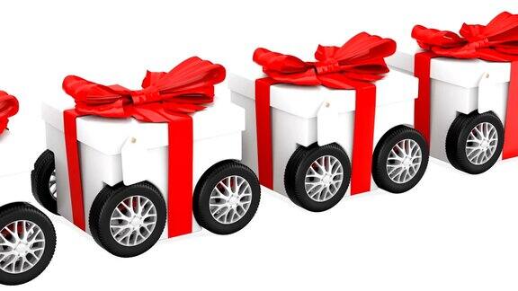 带轮子的礼盒礼品递送概念动画3D渲染孤立的白色背景