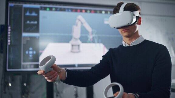 虚拟现实头盔控制控制器和远程移动机器人肢体的男学生大屏幕上显示的动作未来大学和增强现实概念