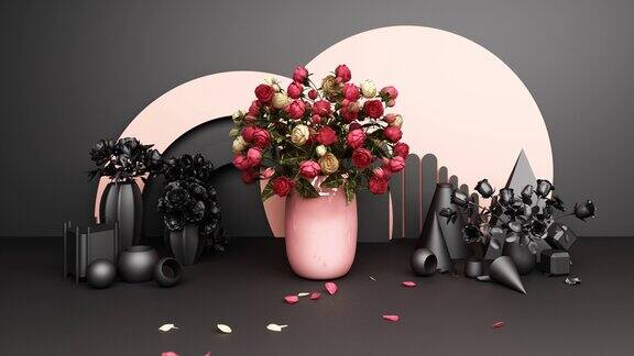 红玫瑰花瓶与几何背景在粉红色和黑色色调的3d渲染