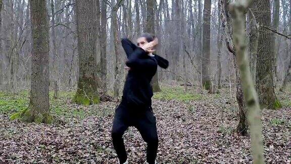 武术大师在春天的森林里练太极