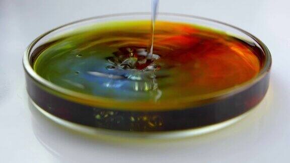 实验室多色液体滴入玻璃培养皿