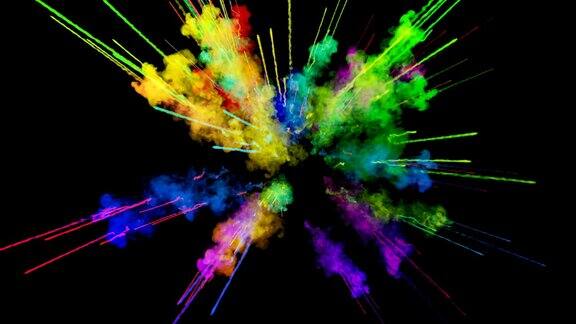 爆炸的火药孤立在黑色背景3d动画的粒子作为彩色的背景或覆盖效果迸发出彩虹般的色彩粉饼呈现出明亮如胡里节56