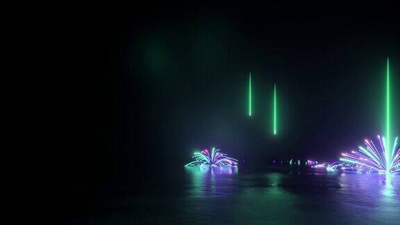 循环3d动画抽象的霓虹背景奇妙的发光雨下个不停紫绿色的烟花闪闪发光