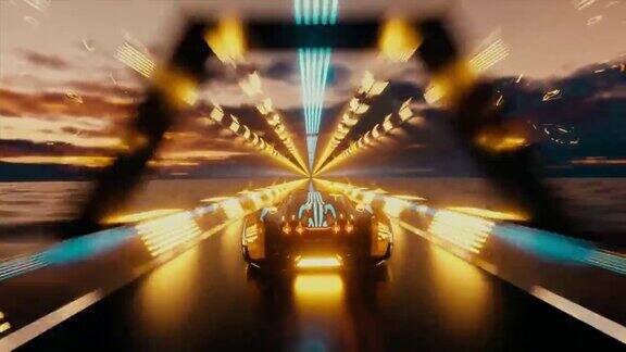 汽车以高速行驶在霓虹灯技术隧道中3d