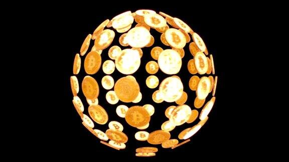 旋转球体的黄金比特币在黑色背景与阿尔法通道