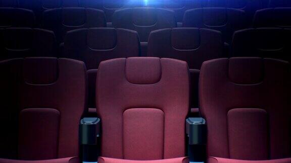 移动与背光无缝的空电影院椅子循环3d动画一排排的红色座位在电影院大厅艺术与媒体概念