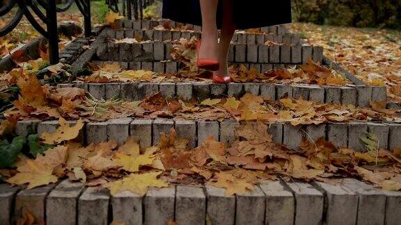 秋天穿着高跟鞋走下楼的女人的腿