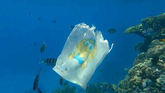 白色的塑料袋带着黄色的微笑漂浮在水下靠近美丽的珊瑚礁热带鱼在它周围游泳塑料垃圾环境污染问题(4K-60fps)红海
