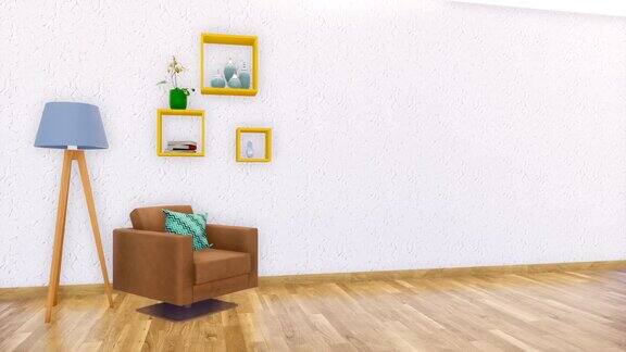 极简主义的客厅内部与复制空间白墙