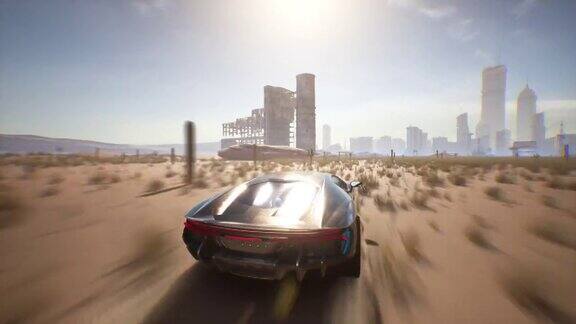 4K假射击和赛车游戏白天穿过沙漠到达城市