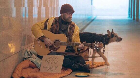 一个无家可归的人在弹吉他他旁边有一只狗