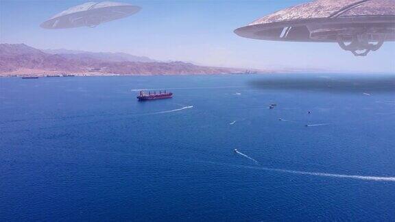 外星人飞碟越过红海与约旦山脉油轮