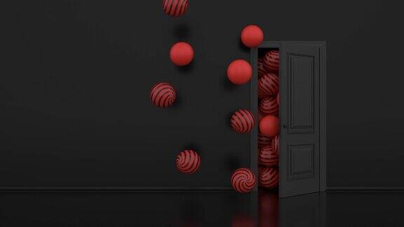 球飞进开着的门橙色的气球飞出敞开的门进入一个大房间深黑色的房间抽象的彩色背景与气球4K3d动画