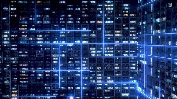 智慧城市与元世界概念住宅建筑夜景鸟瞰图