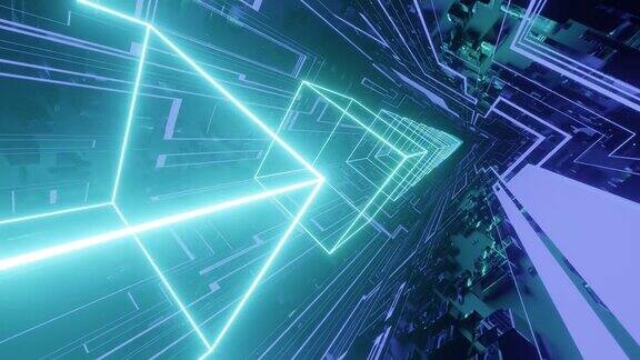 高科技霓虹灯科幻隧道新潮的霓虹灯辉光线在镜子隧道中形成图案和结构穿越科技网络空间3d循环无缝4k背景闪烁的3d物体夜总会