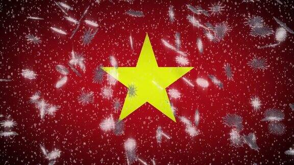 越南国旗飘落的雪花循环新年和圣诞节的背景循环