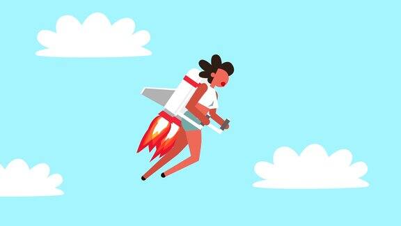 StickFigure彩色象形图RocketWomanGirl角色在天空卡通动画中与喷气背包一起飞行