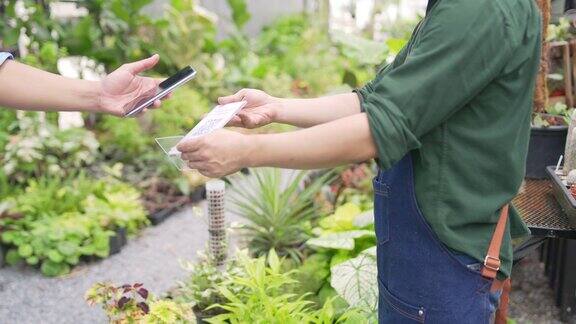 4K亚洲男人植物商店老板照顾植物和花卉在温室花园