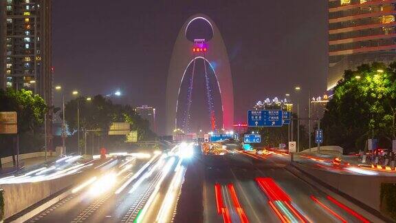 夜光照亮广州市著名的繁忙交通公路桥全景时间跨度4k中国