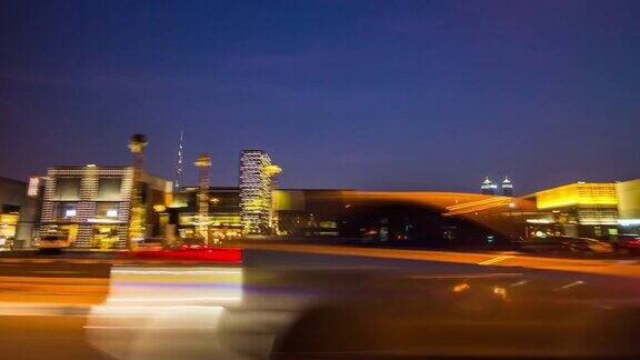 阿拉伯联合酋长国夜间灯光迪拜城市alwasl公路旅行市中心塔哈利法全景4k时间流逝