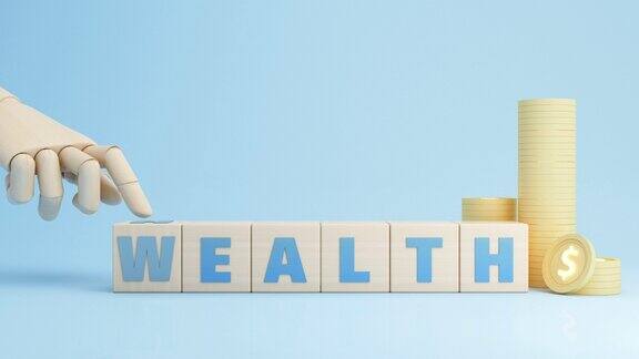 木雕手翻木方带字财富健康带钱币成长增值投资人寿保险和医疗保健概念3d渲染蓝色背景动画循环