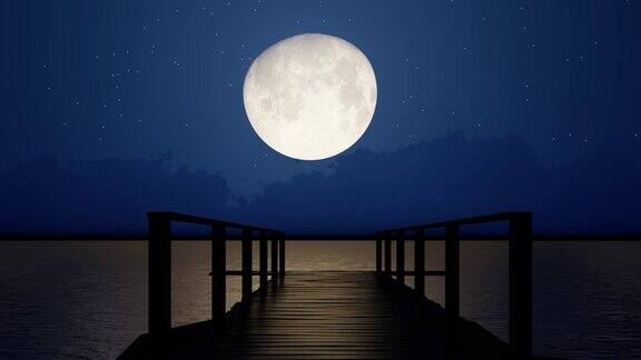 幻想大海浪月亮海码头美丽的夜景4k