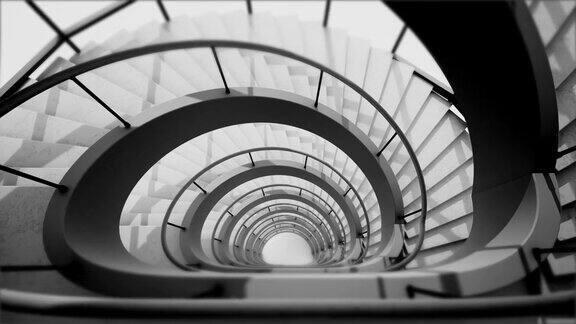 广角黑白视频描绘一个抽象的螺旋楼梯的高角度视图