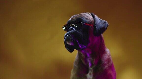 拳师犬戴着墨镜四处张望的肖像