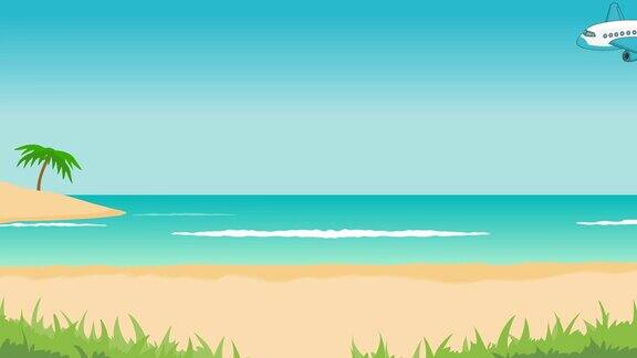 动画热带景观-海滩大海海浪棕榈树飞机和绿屏