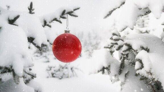 红球在圣诞树树枝4K-可循环