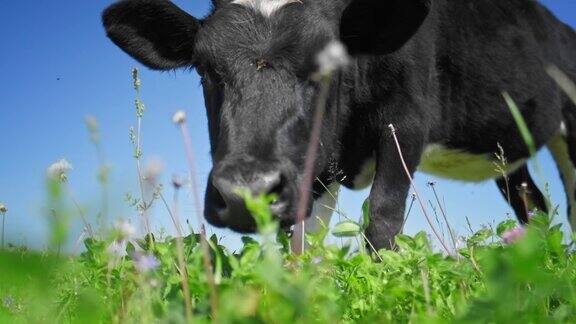 在阳光明媚的日子里奶牛在绿色的草地上吃草