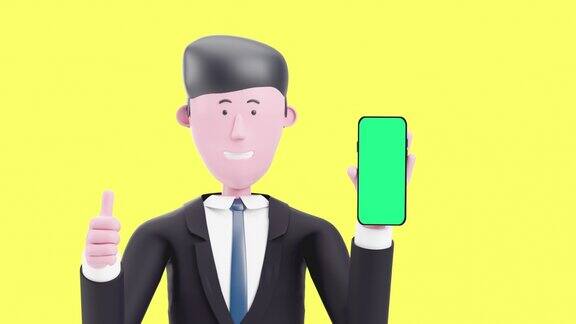 3d快乐动画商人卡通显示智能手机与绿色屏幕竖起大拇指干得好