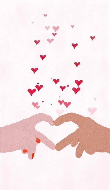 垂直动画的插图手形成一个心脏红心纸屑