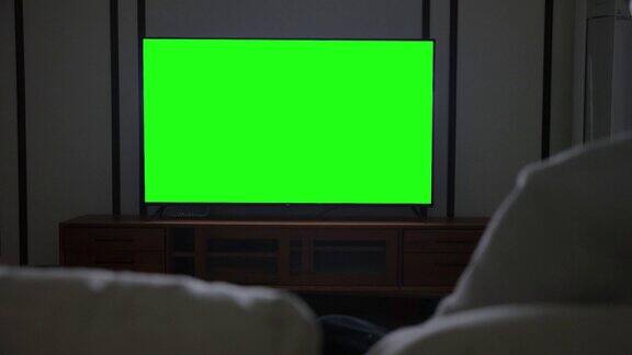 男人在看绿色屏幕的电视