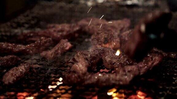 烹饪美味的肉鸡肉和猪肉串在烧烤架上