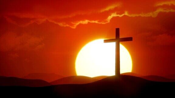 复活的基督太阳升起在沙漠和十字架上