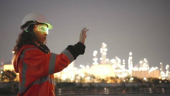 白种人或中东工程师戴着高科技人工智能眼镜或虚拟现实眼镜检查炼油厂的状况